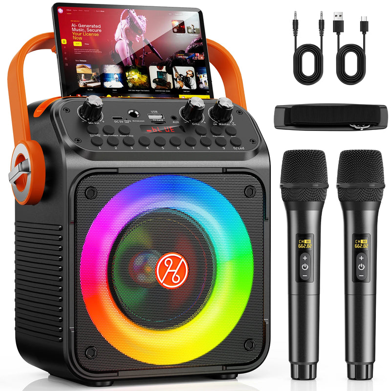 Enceinte karaoké familiale à anneau RGB, 2 micros sans fil, 8 h d'autonomie