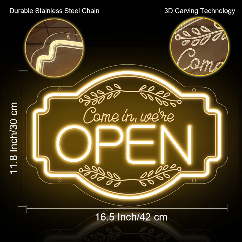 Panneau OPEN Come in, we're open – dimensions 42 x 30 cm et chaîne de suspension