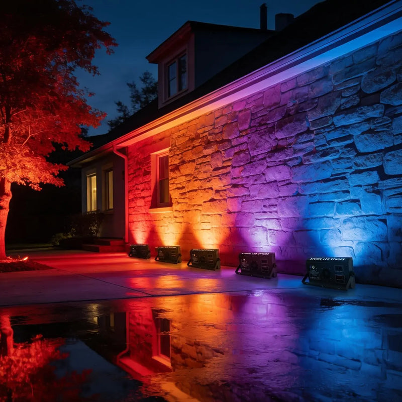 Stroboscope LED RGB 200 W – projecteurs en situation devant une façade