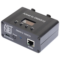 Contrôleur DMX Art-Net – boîtier 2 sorties, côté prise Ethernet et alimentation 5 V