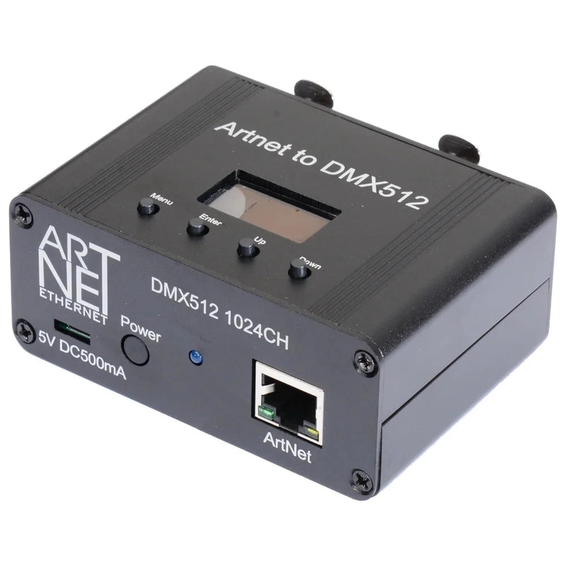 Contrôleur DMX Art-Net – boîtier 2 sorties, côté prise Ethernet et alimentation 5 V