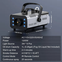 Machine à fumée 1200 W avec télécommande sans fil et 6 LED, réservoir 1 L