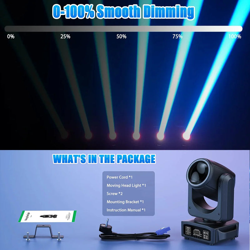 Pack de 2 lyres beam LED 200 W – gradation de 0 à 100 % et contenu de l'emballage