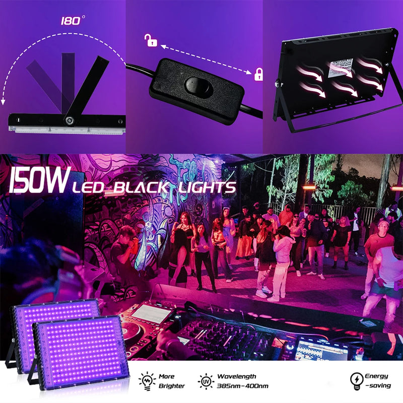 Projecteur lumière noire UV – orientation sur 180°, interrupteur du câble et dos du boîtier