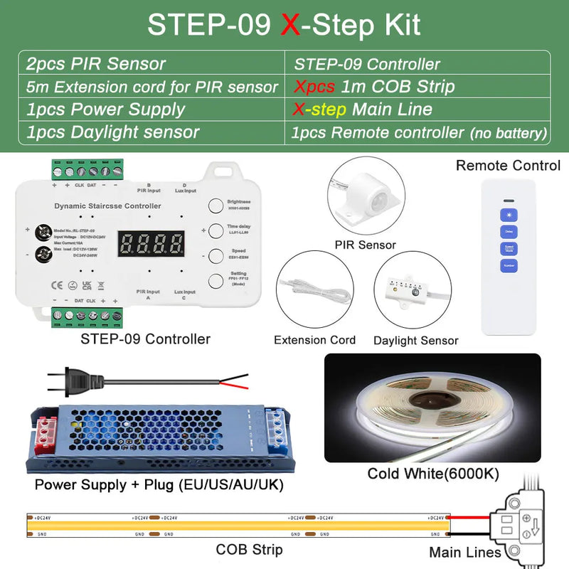 Bande LED escalier COB à détecteur de mouvement – kit en blanc froid 6000 K