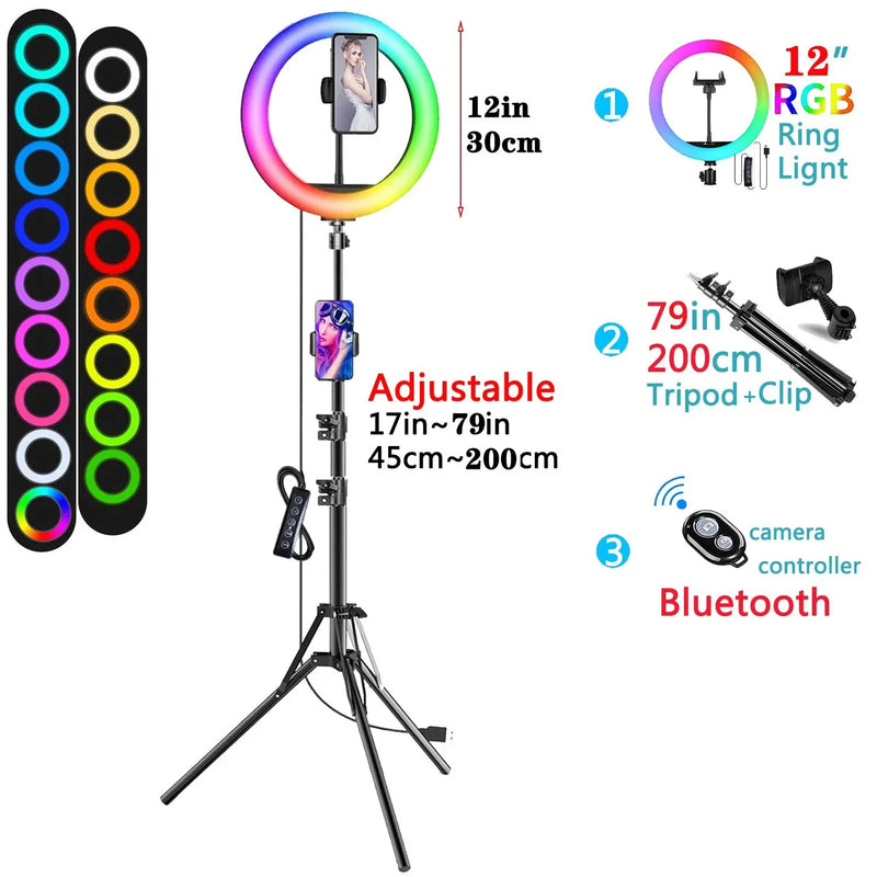 Ring light RGB 30 cm – version avec support de téléphone, trépied de 200 cm et télécommande Bluetooth