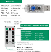 Vigne lumineuse LED – boîtier USB et télécommande avec la liste des 8 modes