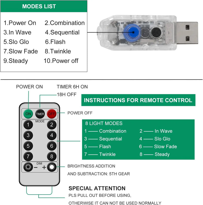 Vigne lumineuse LED – boîtier USB et télécommande avec la liste des 8 modes