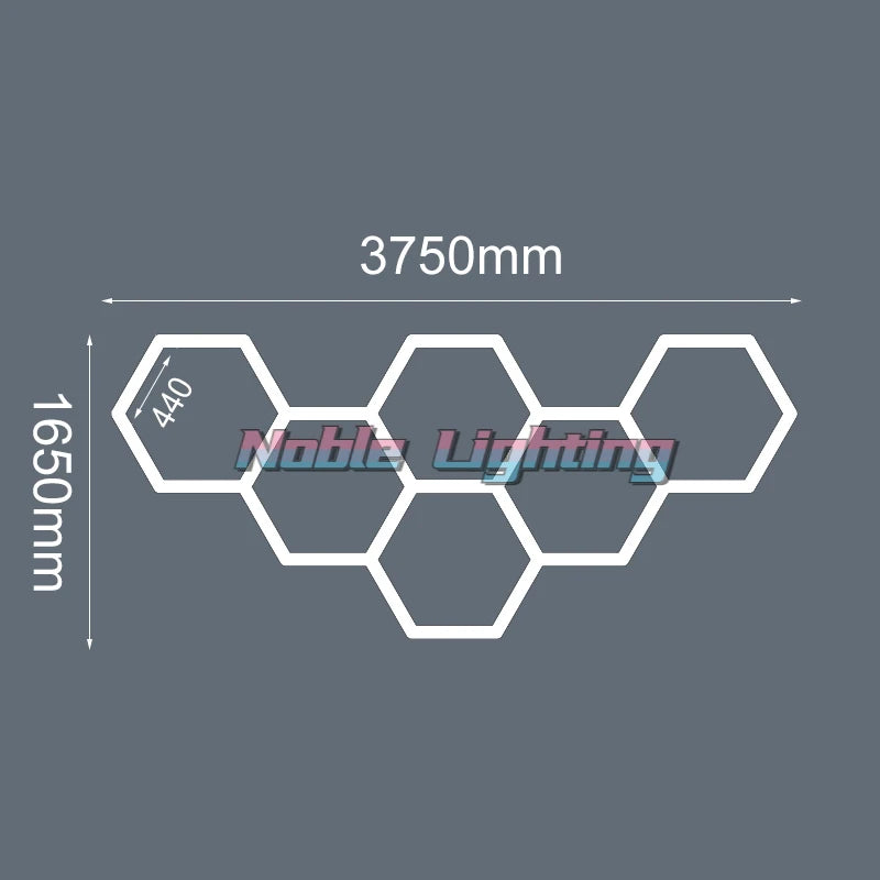 Plafonnier LED hexagonal – schéma du format 6 hexagones, 375 x 165 cm