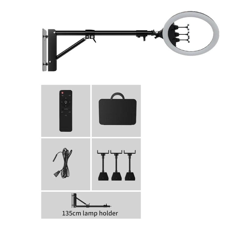 Ring light LED 45-48 cm, trépied au choix, 3 supports téléphone