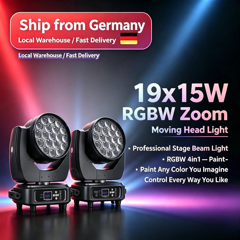 Lyre LED wash zoom 19 x 15 W – deux lyres en situation sur une affiche de présentation
