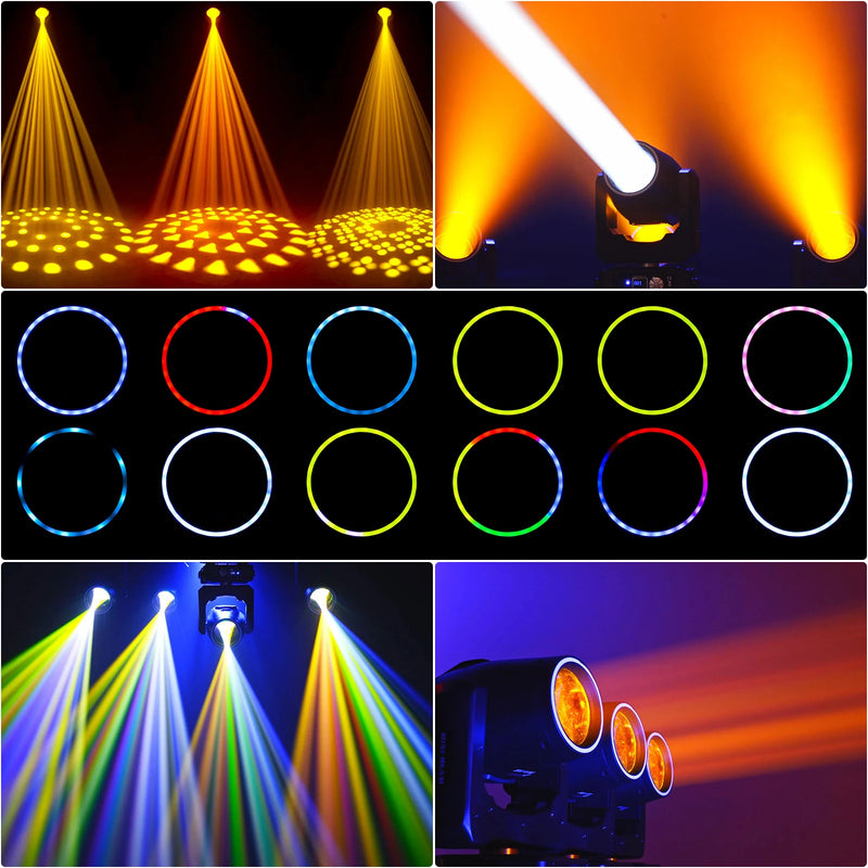 Lot de 2 lyres beam hybrides – gobos dorés, anneaux LED de couleurs et faisceaux en situation