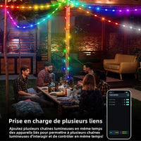 Guirlande féerique LED RGBIC Bluetooth – plusieurs guirlandes reliées sur une terrasse en soirée