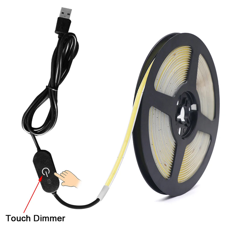 Ruban LED USB COB 5 mm – version USB avec variateur tactile