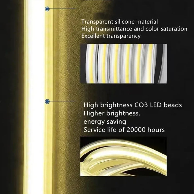 Ruban LED extérieur COB 220 V IP65 à lentille – silicone transparent et LED COB haute luminosité
