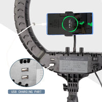 Ring light 18 pouces – prise USB de charge de téléphone sur le boîtier de l'anneau