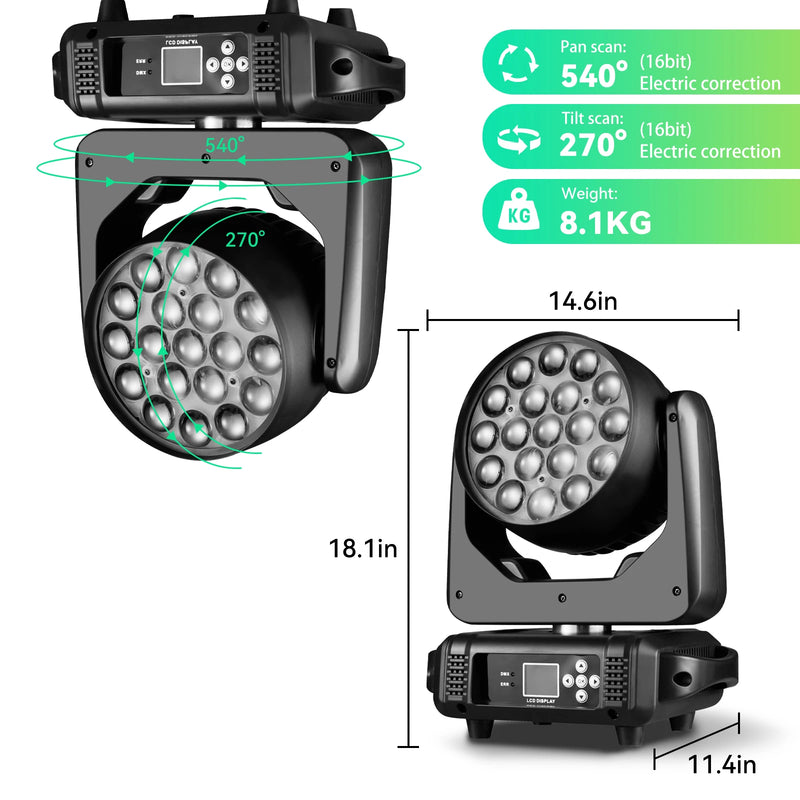 Lyre LED wash 19 x 15 W RGBW 300 W, zoom 8° à 60°, DMX 16 ou 24 canaux