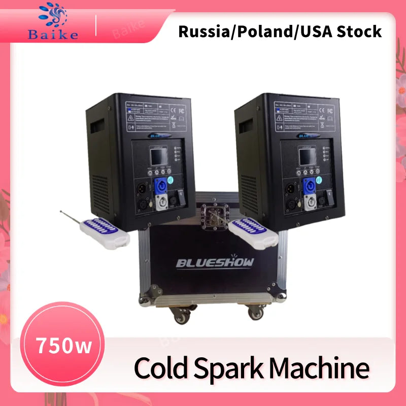 Machine à étincelles froides 750 W – deux appareils noirs avec leurs télécommandes dans un flight case à roulettes