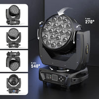 Lot de 2 lyres LED wash zoom 19 x 15 W RGBW, écran couleur, DMX 16 ou 24 canaux