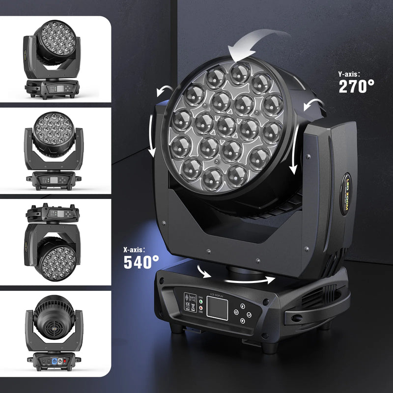 Lot de 2 lyres LED wash zoom 19 x 15 W RGBW, écran couleur, DMX 16 ou 24 canaux