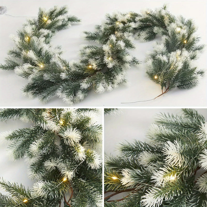 Guirlande de Noël en pin vert – détail du pin givré vert et blanc avec LED