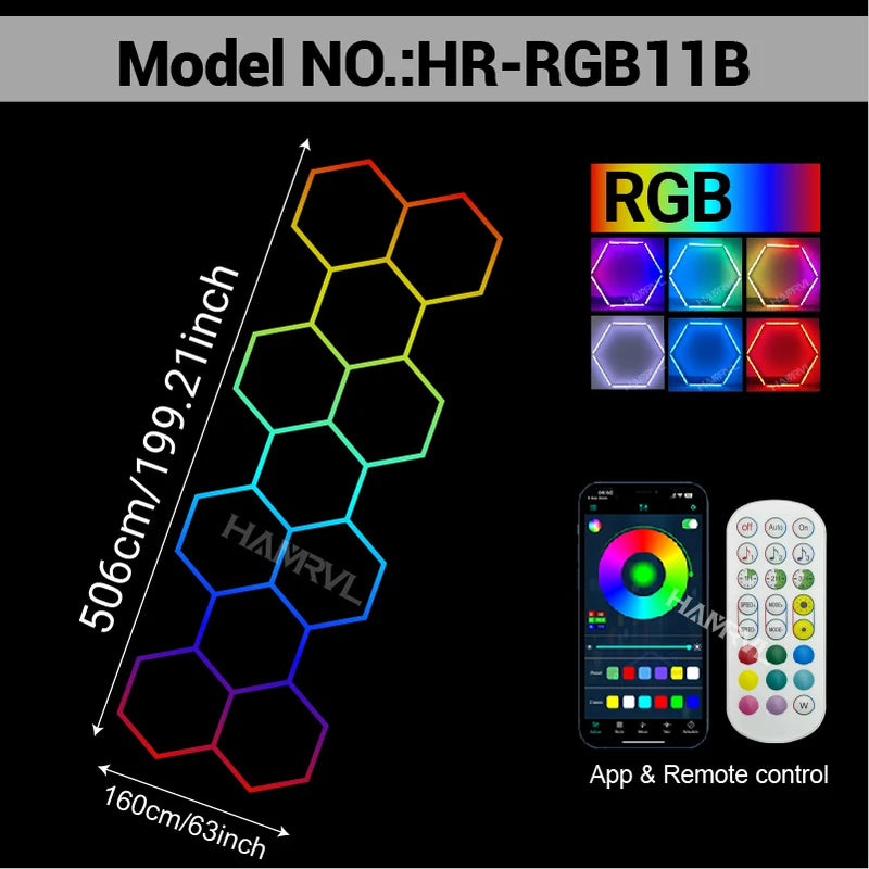 Éclairage LED hexagonal RGB pour garage, de 1 à 11 hexagones, application et télécommande