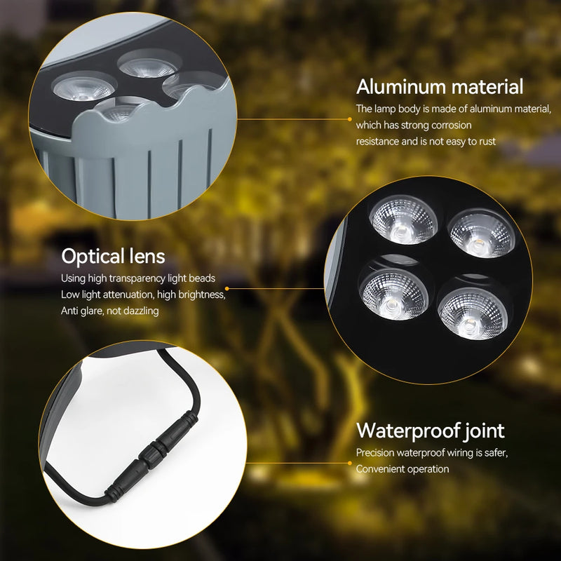 Spot arbre extérieur LED lot de 5 – détails du corps en aluminium, de la lentille optique et du raccord étanche