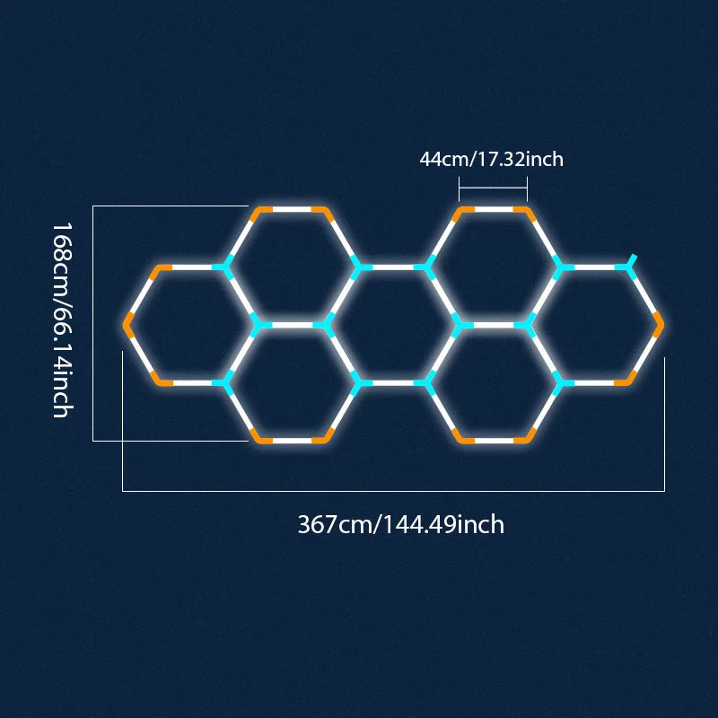 Plafonnier LED nid d'abeille – format de 7 hexagones de 367 x 168 cm
