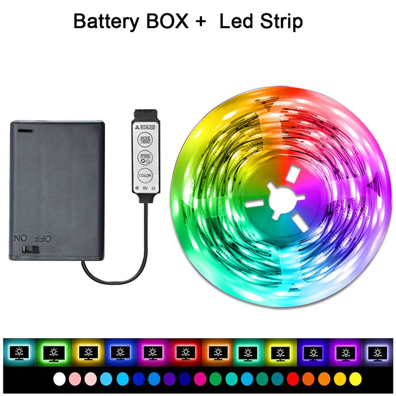 Ruban LED RGB à piles – boîtier à piles, contrôleur et rouleau allumé