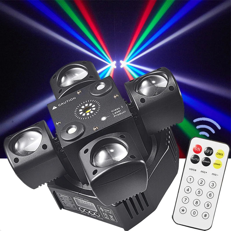 Mini lyre LED 4 bras RGBW, laser rouge et vert, DMX et télécommande