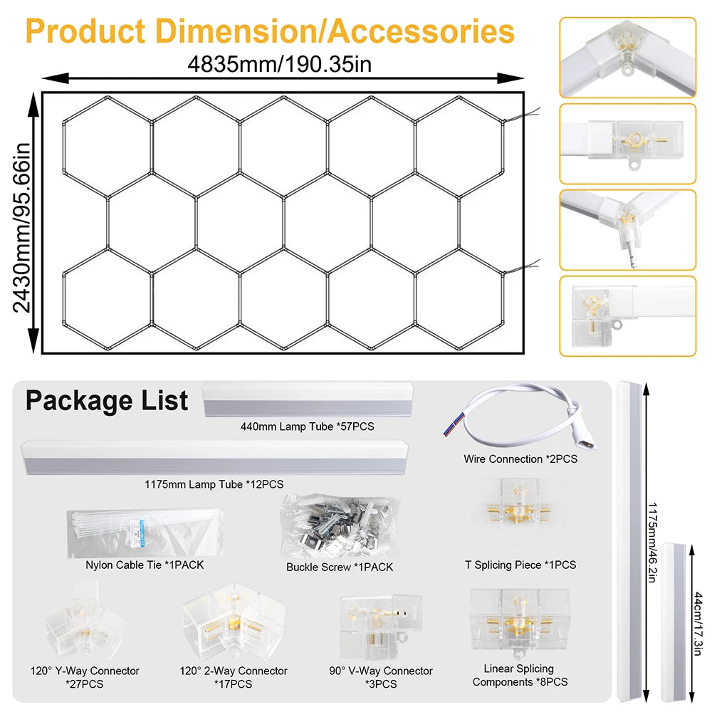 Plafonnier LED hexagonal garage blanc 6500 K, 1 à 14 hexagones