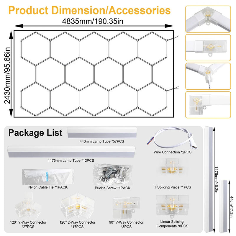 Plafonnier LED hexagonal garage blanc 6500 K, 1 à 14 hexagones