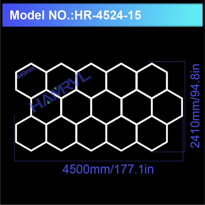 Plafonnier hexagonal LED – modèle de 15 hexagones, 450 x 241 cm