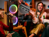 Machine karaoké Bluetooth – chanteuse au micro et entrées des deux micros