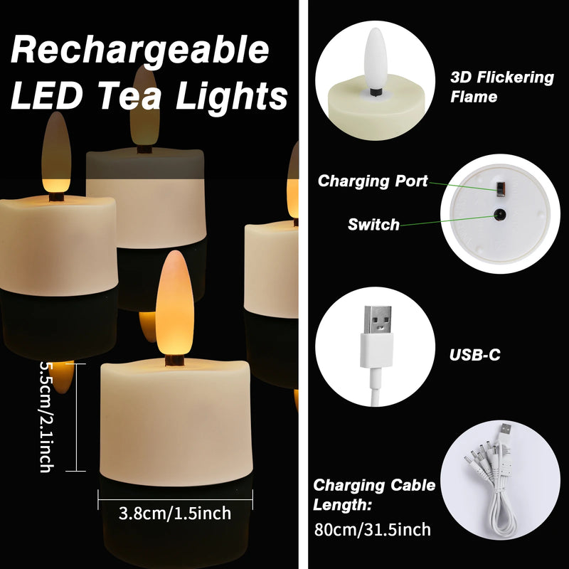 Bougies LED rechargeables à flamme 3D, minuterie et télécommande, 6 à 24