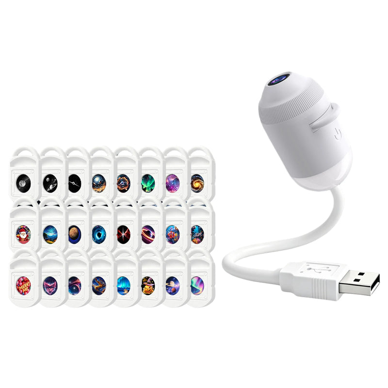 Mini projecteur galaxie USB – capsule blanche à bras flexible et 24 films