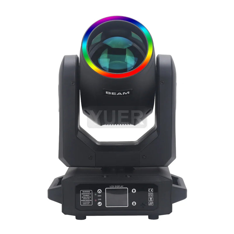 Lot de 2 lyres LED beam 200 W à anneau RGB – vue de face avec l'anneau lumineux RGB