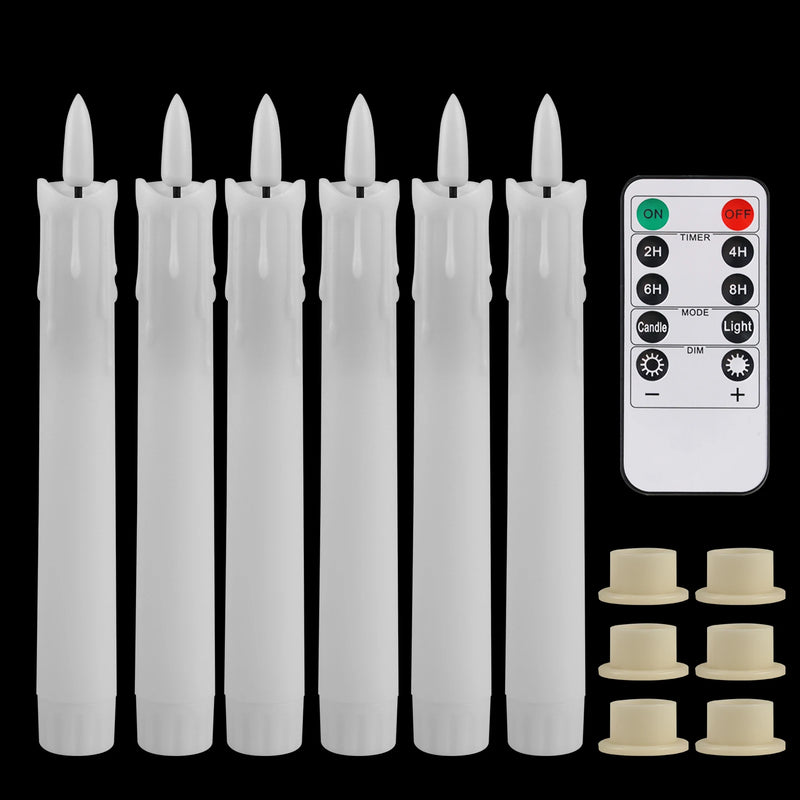 Bougies LED coniques – 6 bougies blanches à coulures avec télécommande et 6 bases