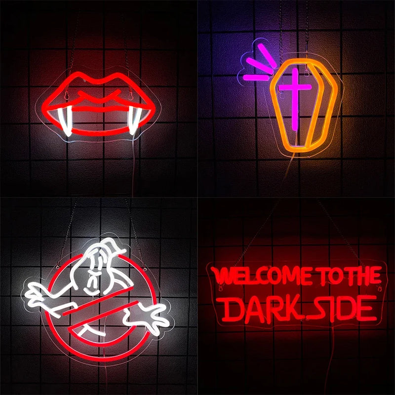 Néon LED Halloween : vampire, cercueil, fantôme ou Dark Side, alimentation USB