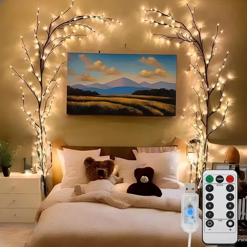 Vigne lumineuse LED – branches allumées au-dessus d'un lit avec télécommande