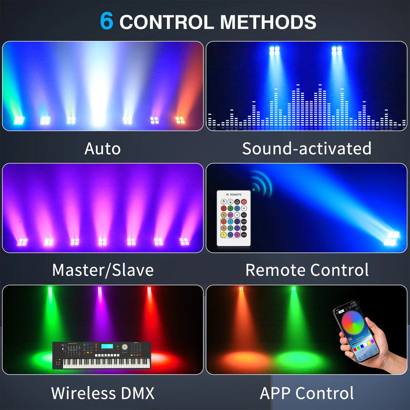Lot de 4 uplights sans fil sur batterie 5200 mAh – six modes de commande : auto, sonore, maître-esclave, télécommande, DMX sans fil et application