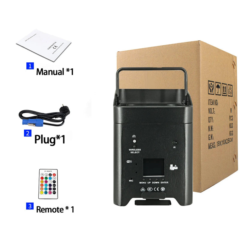 Uplight PAR LED sur batterie 6 x 18 W – contenu du colis avec son carton, seconde vue