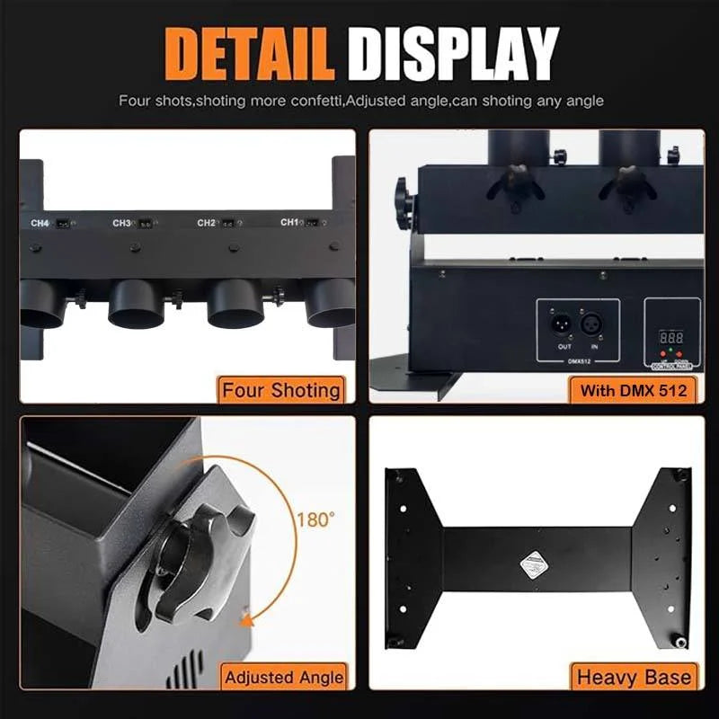 Canon à confettis électrique 4 têtes – quatre tirs, DMX512, angle réglable et base lourde