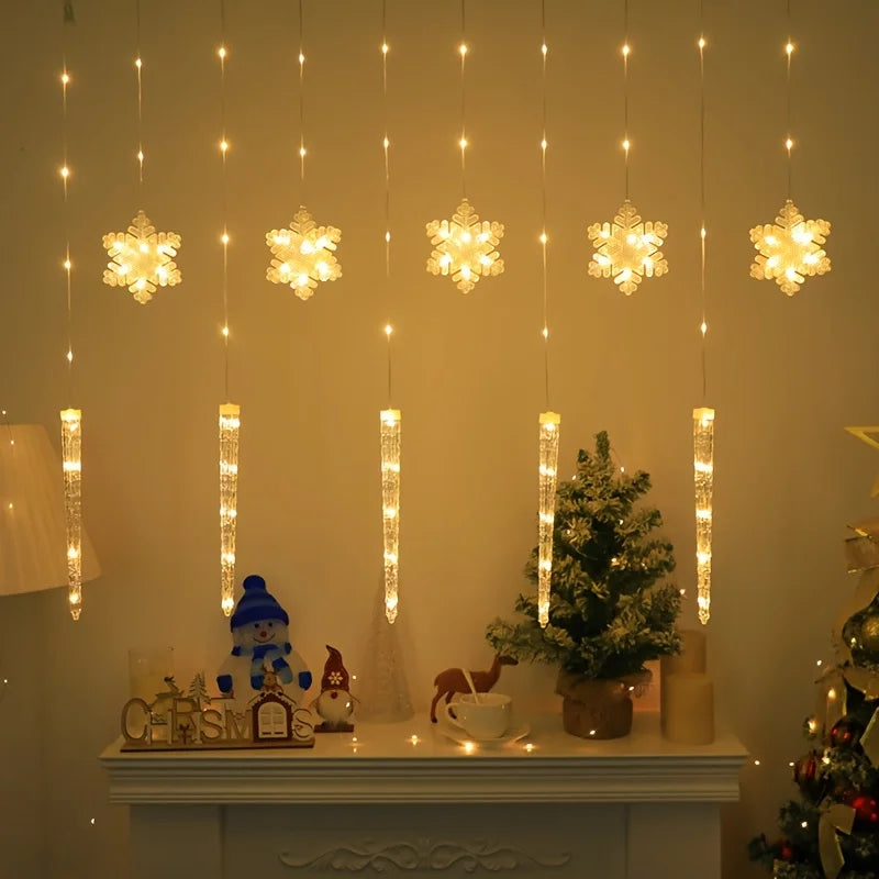 Rideau lumineux flocons et glaçons de Noël – flocons et glaçons blanc chaud sur une étagère
