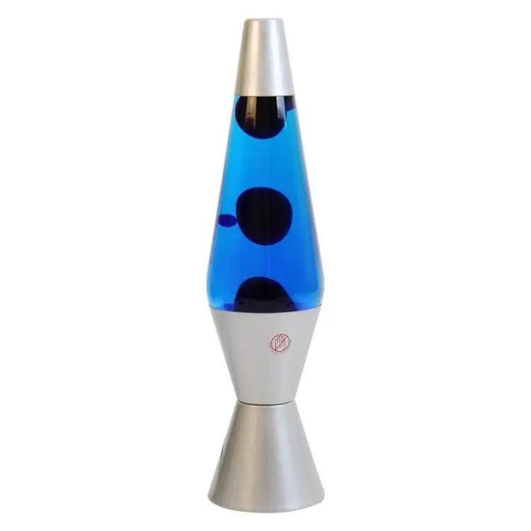 Lampe à lave 36 cm – version à liquide bleu et cire sombre, base argentée