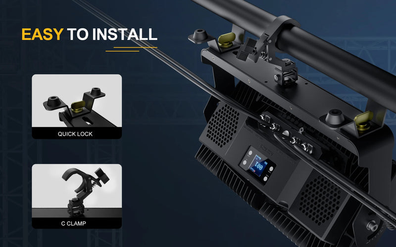 Projecteur LED extérieur IP65 44 x 10 W – installation : verrou rapide et pince en C