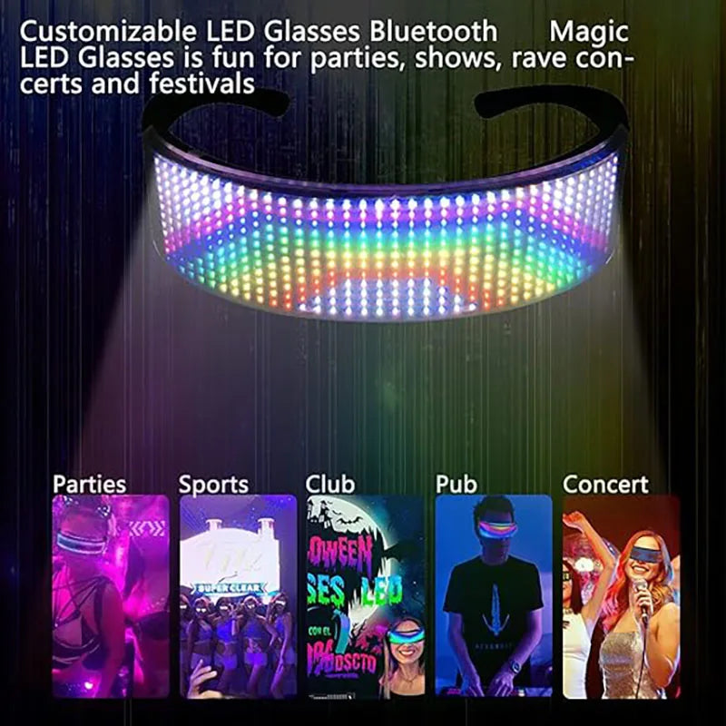 Lunettes LED programmables par application Bluetooth, 432 LED RGB, rechargeables USB