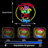 Enseigne néon fleuriste FLOWERS OPEN – schéma des dimensions 32 x 32 cm et réglage de luminosité à 10, 50 et 100 %