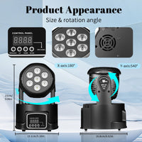 Lot de 4 mini lyres LED wash – dimensions, rotation de la tête et afficheur de commande