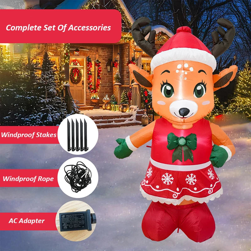 Renne lumineux gonflable en robe rouge – renne gonflable avec ses accessoires : piquets, cordes et adaptateur